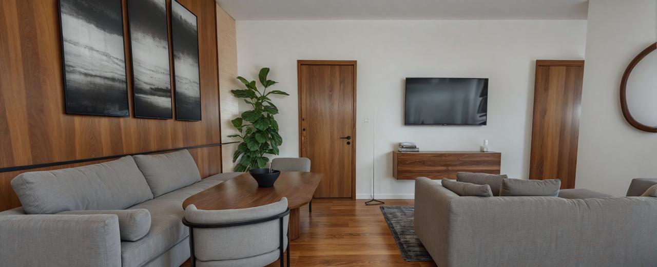 Sala con sofá gris, mueble de madera y tira de pared en madera