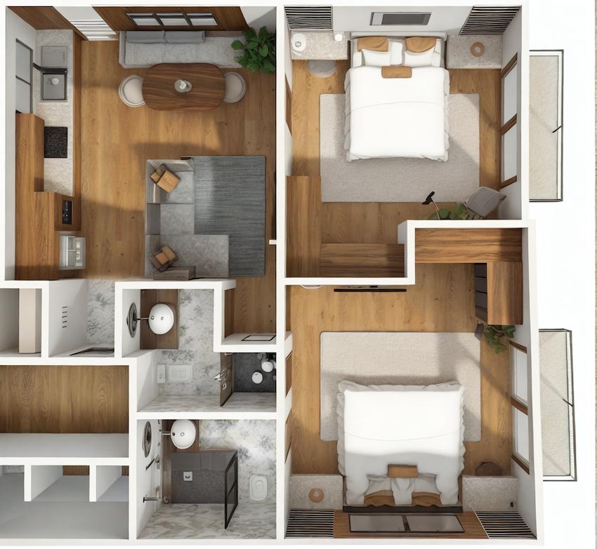 Plano 3D del departamento: dos recámaras y dos baños